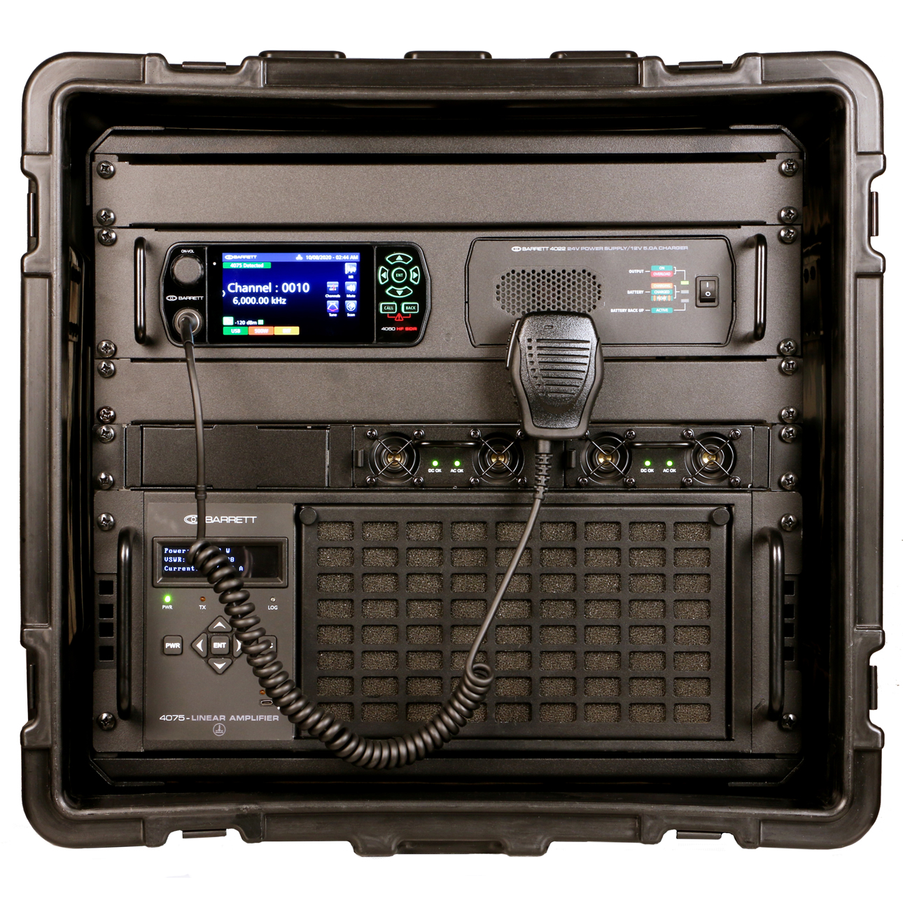 Barrett 4075 500 W in rack case front view