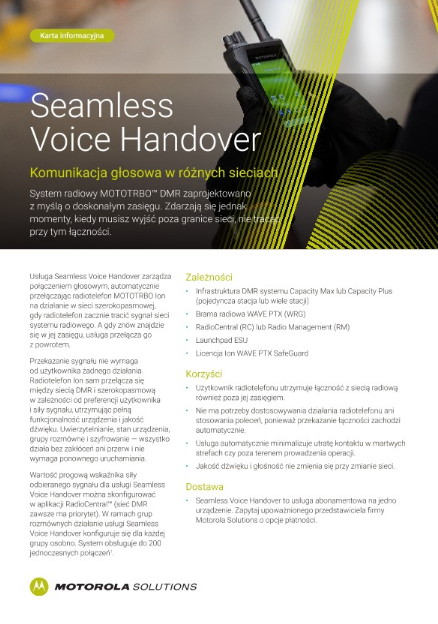 Karta informacyjna usługi Seamless Voice Handover dla radiotelefonu MOTOTRBO Ion