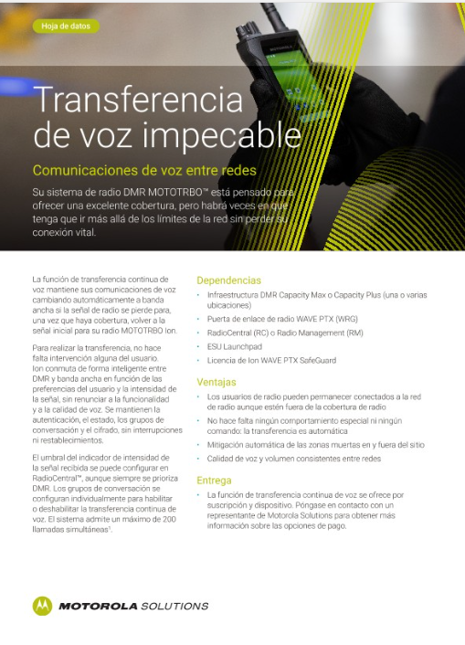 Transferencia continua de voz con MOTOTRBO Ion – Hoja de datos