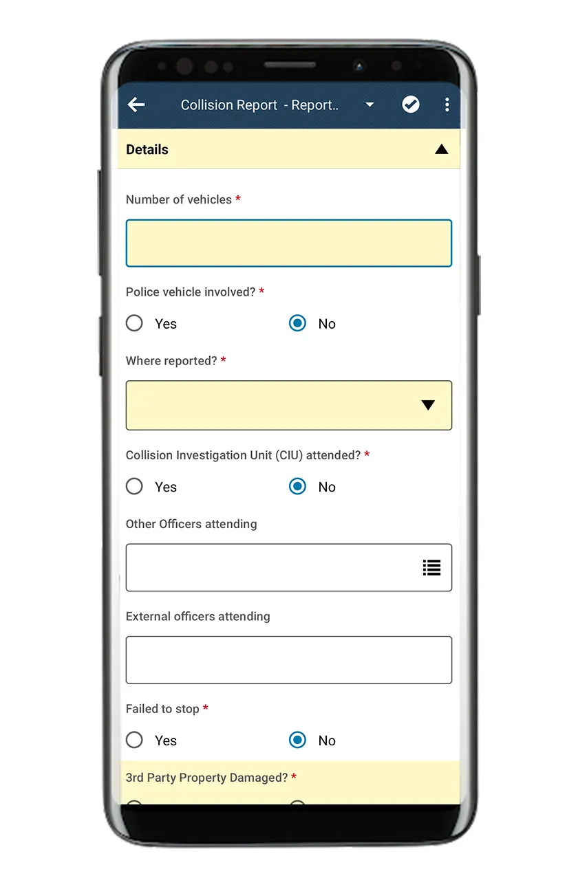 Collision report page of Pronto app