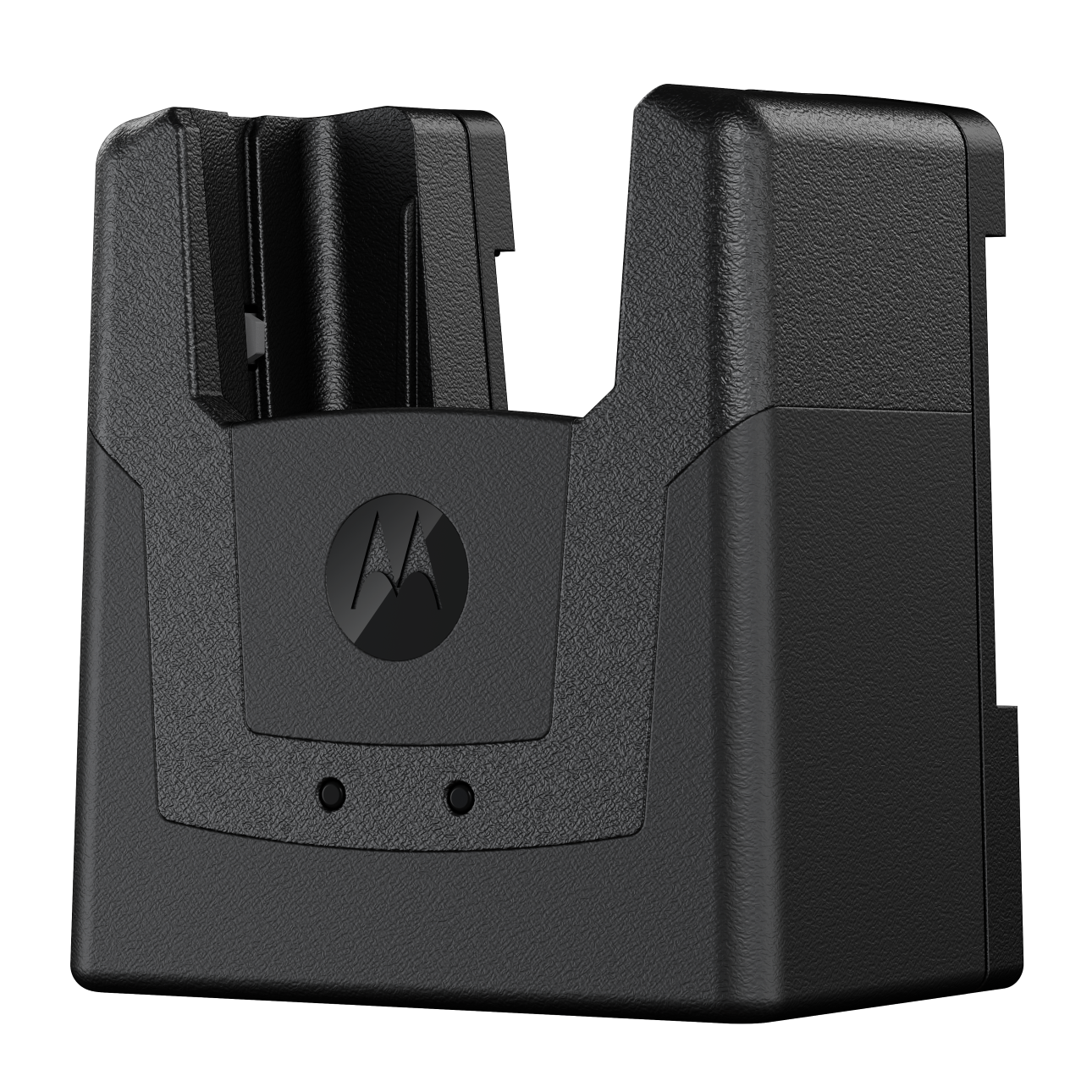 Wireless microphone in charger, ¾ right