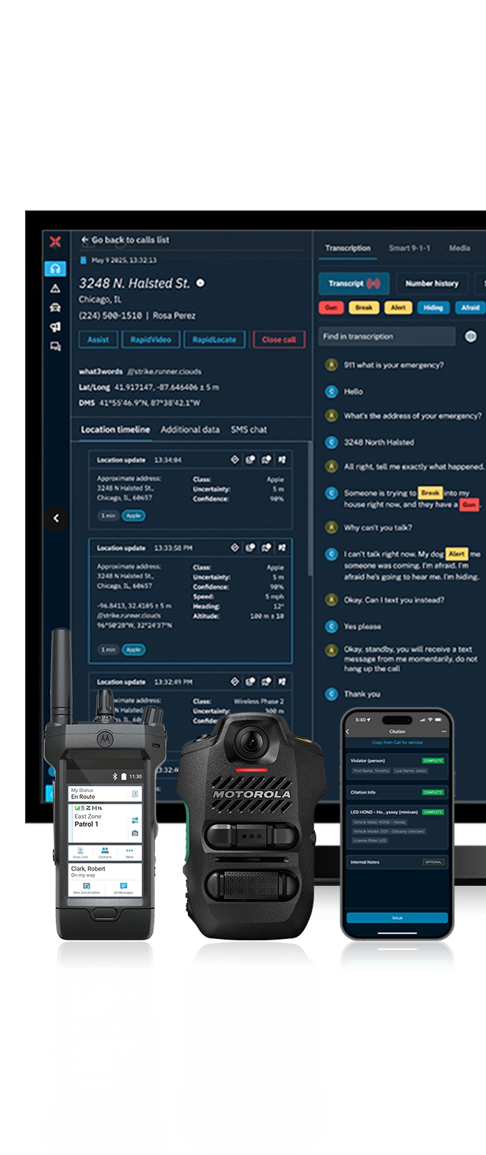 UI of CC Responder and RapidDeploy Radius Map, shot of APX and SVX product hardware