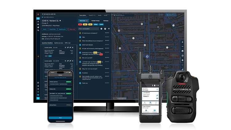 UI of CC Responder and RapidDeploy Radius Map, shot of APX and SVX product hardware
