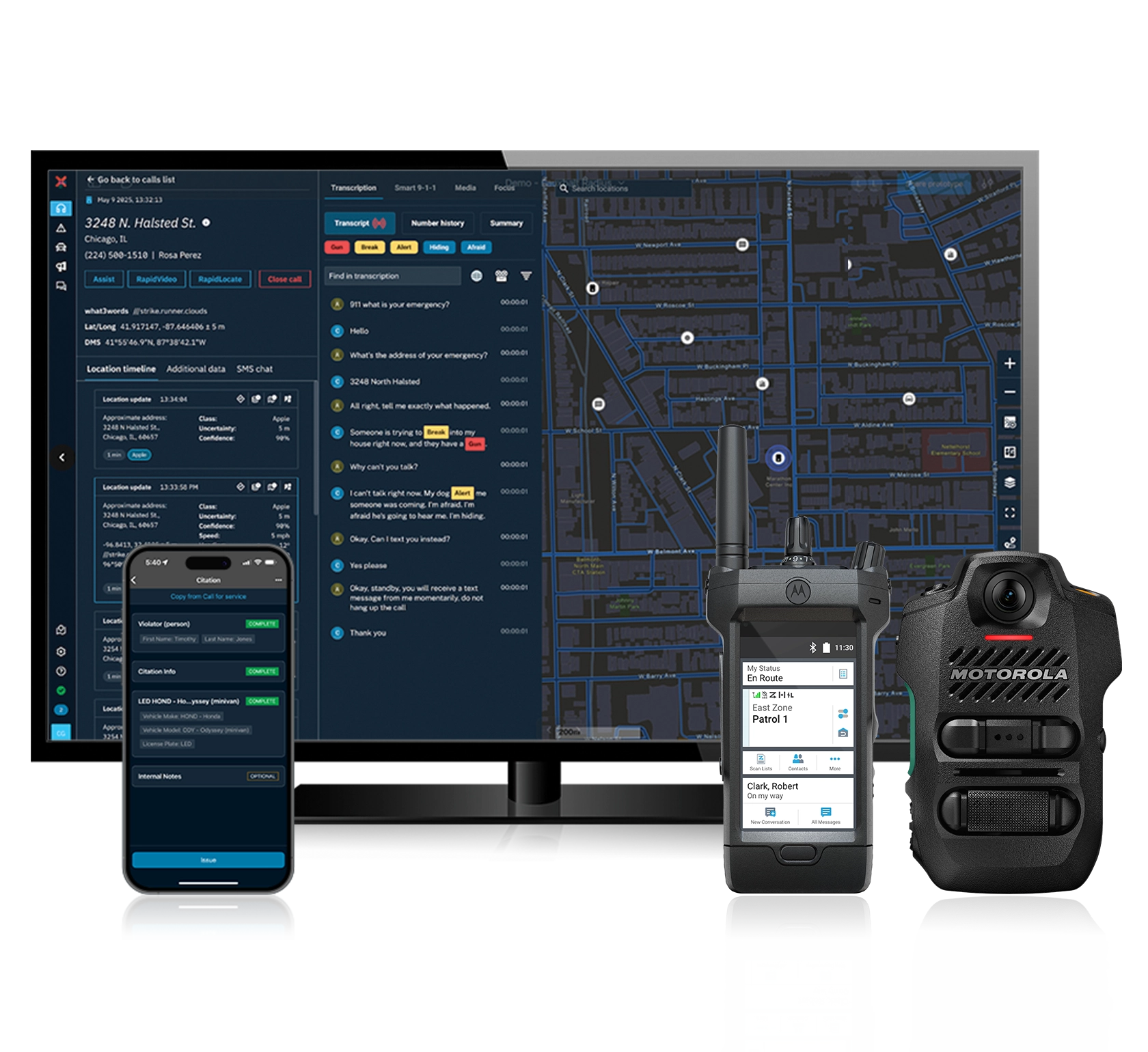 UI of CC Responder and RapidDeploy Radius Map, shot of APX and SVX product hardware