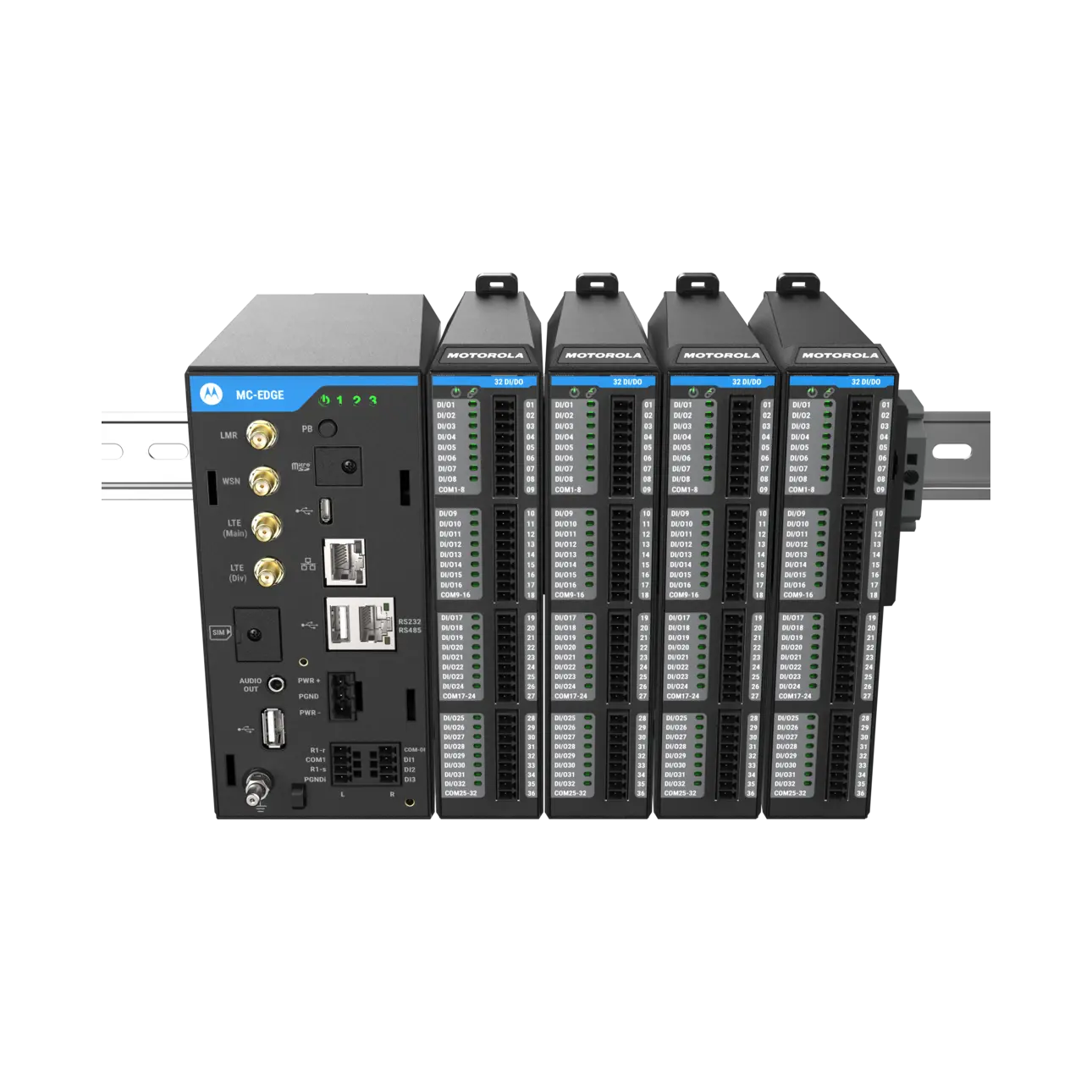 Image of the MC-Edge CPU with built-in LoraWan, LTE and APX4000 and four attached SPE  I/O modules installed on one backplane, elevated view