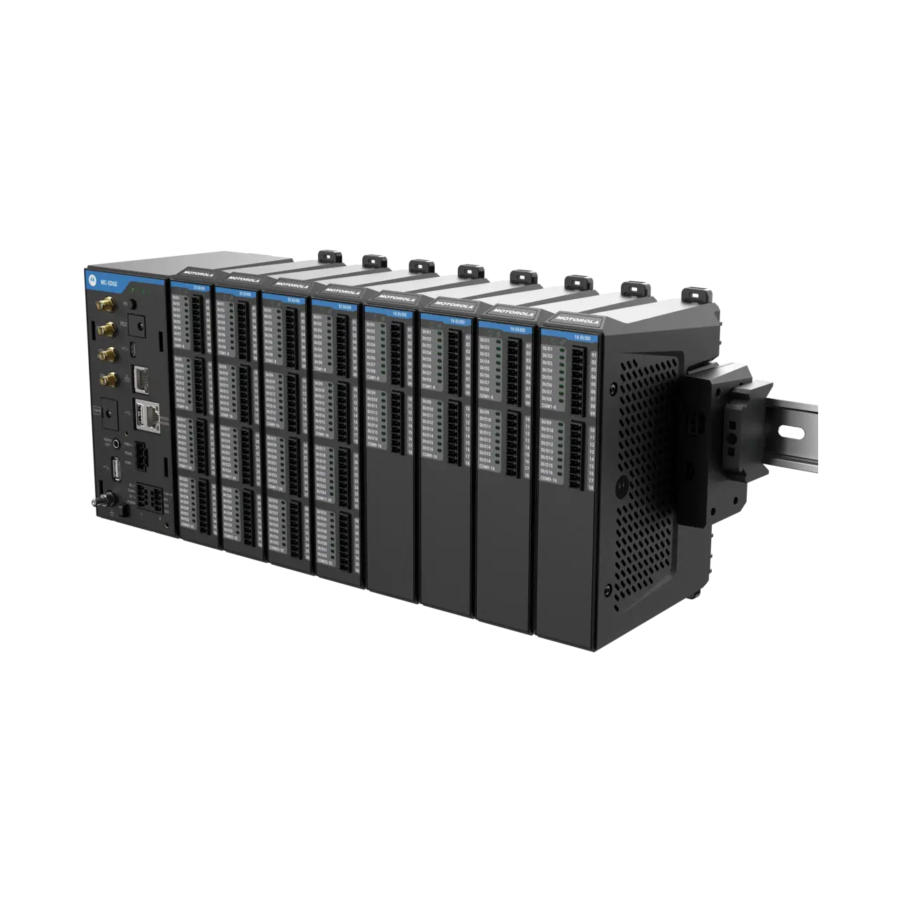 Image of the MC-Edge CPU with eight attached SPE I/O modules installed on 2 backplanes , right elevated view