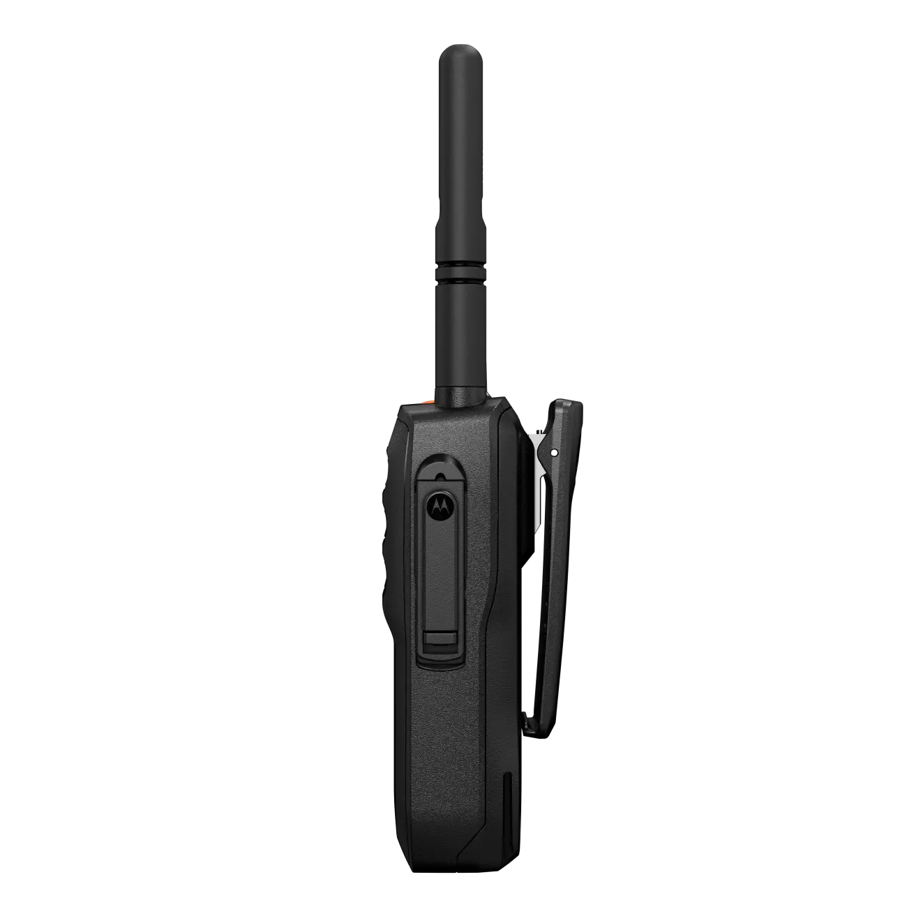 R5 Modell ohne Tastatur, Seitenansicht mit befestigtem Staubschutz und Gürtelclip