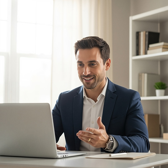 Man gesturing towards laptop