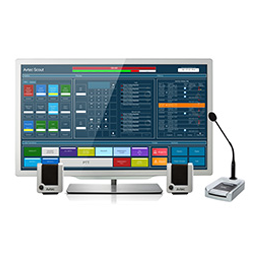 Computer monitor displaying AVTEC software along with a microphone set up
