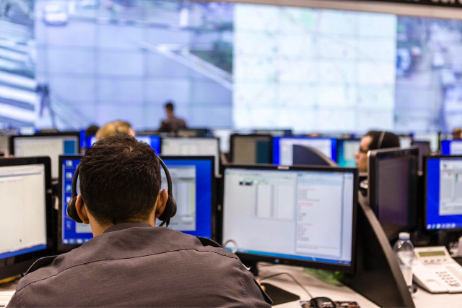 Incident command center with many computer monitors