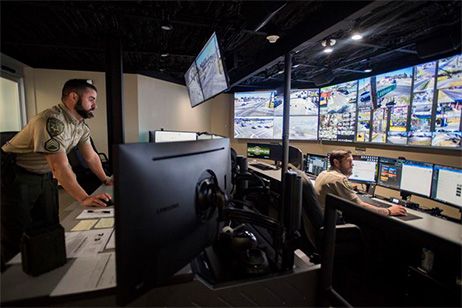 Incident command center with many computer monitors
