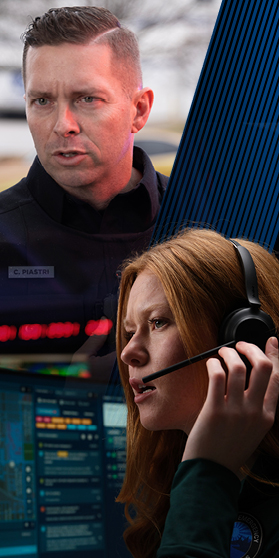 Image of male police officer touching MSI body worn camera and female dispatcher with headset