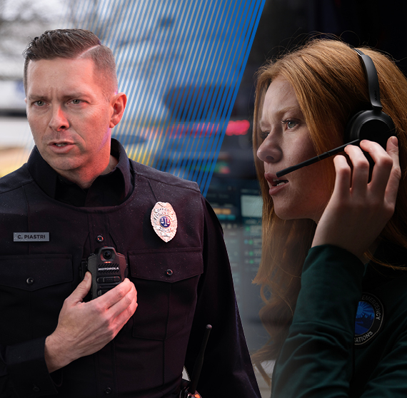 Image of male police officer touching MSI body worn camera and female dispatcher with headset