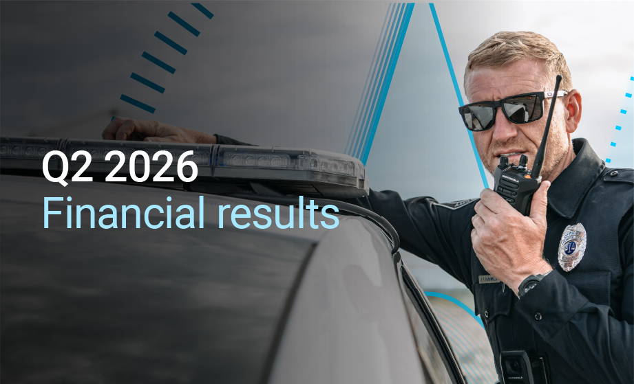 Image of police officer using a Motorola Solutions 2-way radio - and advertisement of Q2'26 financial results