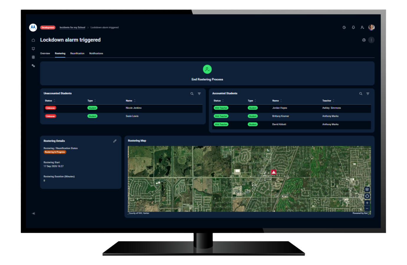 K-12 Resilience showing lockdown alarm monitoring dashboard